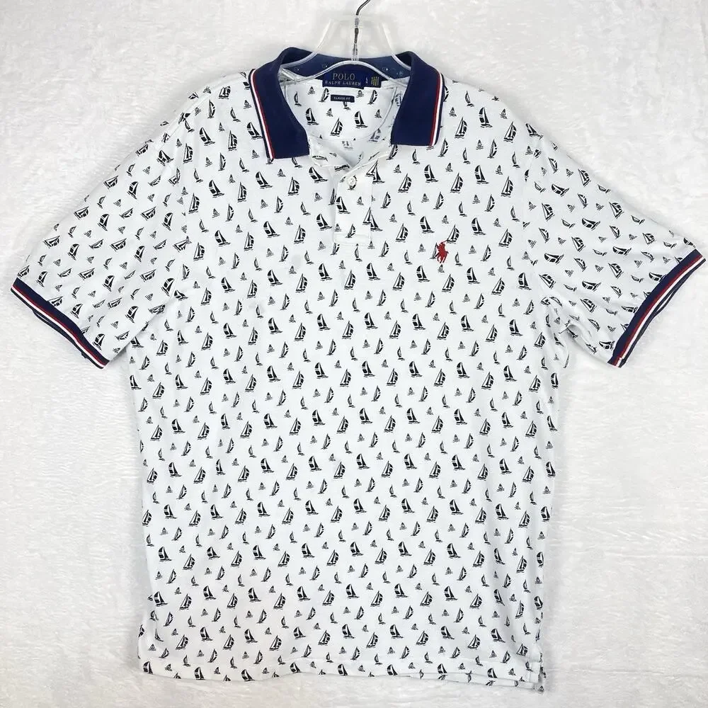 Polo Ralph Lauren Shirt Mens L White Blue Sailboat AOP Preppy Beach Hamptons